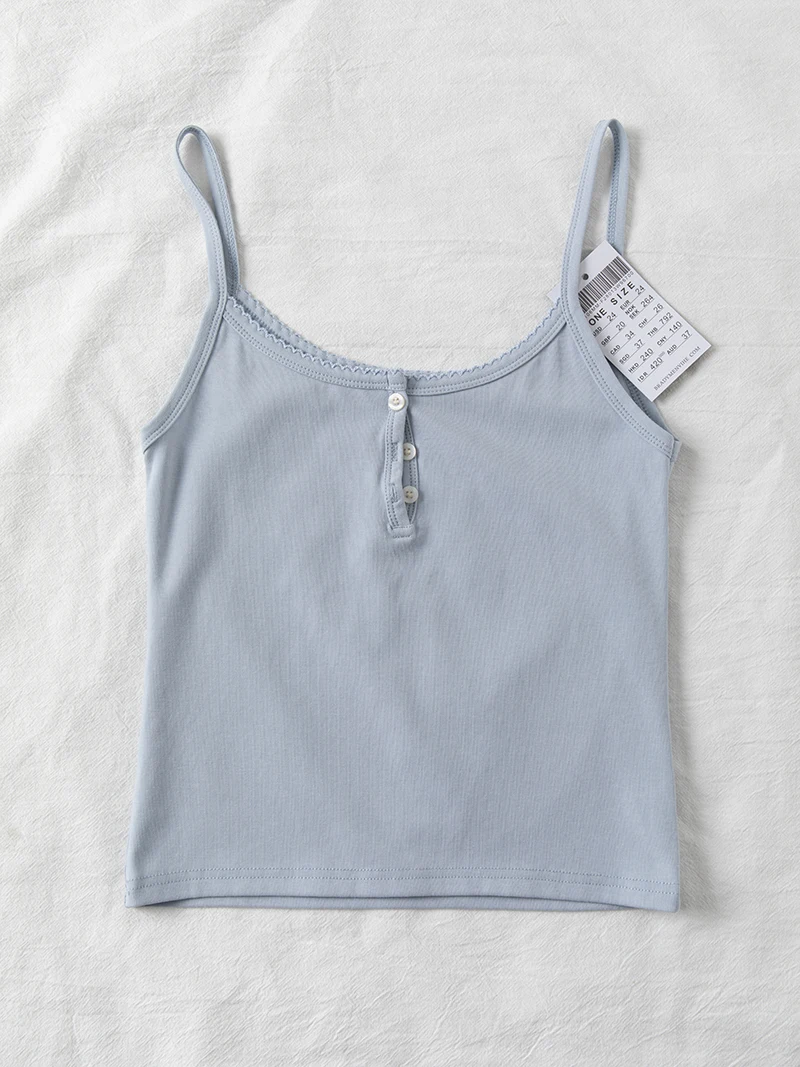 Lace Trim Buttons Solid Tank Top Women U Collar Sleeveless Cotton Slim Camis Sweet Chic Casual Preppy Style Vest Crop Tops Y2k