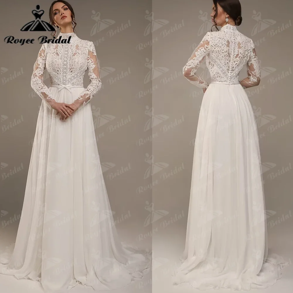 Robe de Mariée Luxueuse en Mousseline de Soie Style Bohème, Tenue Élégante avec Traîne, Manches sulfet Dentelle, Col Haut, pour Patients