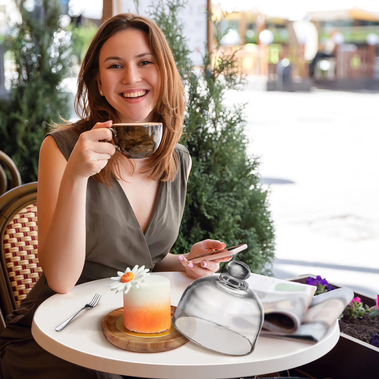 1 conjunto mini bandeja de bolo de madeira cúpula de vidro superfície lisa para cozinha restaurante hotel sobremesa placa de exibição suporte de bolo com capa