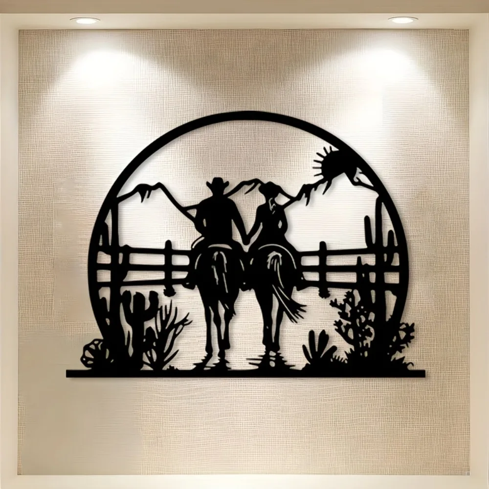 Western Theme Cowboy Cowgirl Metal Wall Art Iron Statue Decor for Farmhouse Indoor Outdoor Wall