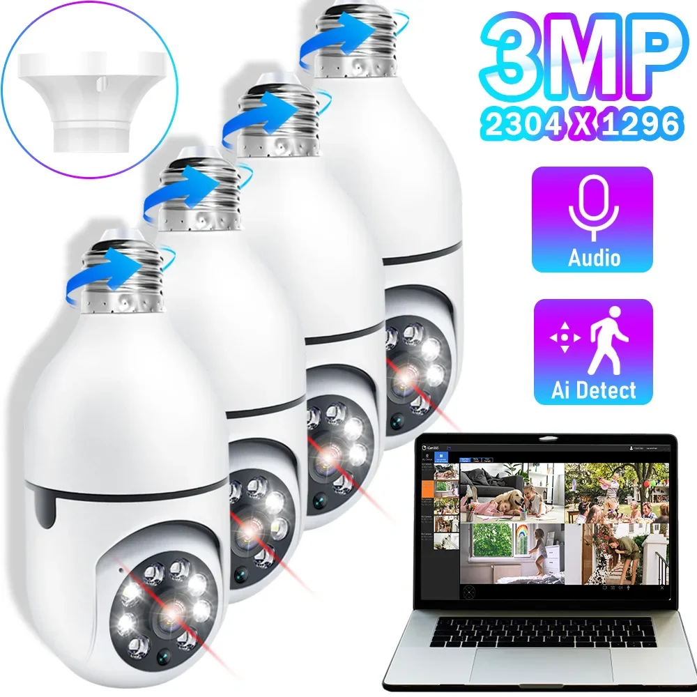 Caméras IP sans fil pour la surveillance à domicile, moniteur d'ampoule, protection de sécurité vidéo, suivi de vision nocturne, Wi-Fi, intérieur, 3MP, 1 PC, 2 PC, 4PC