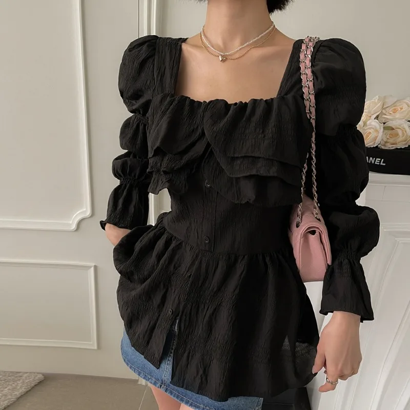 Square Collar Ruffles Woman Shirts & Blouses Flare Long Sleeve Blusas Mujer 2024 Ropa Korean Camisas Temperament Blusa