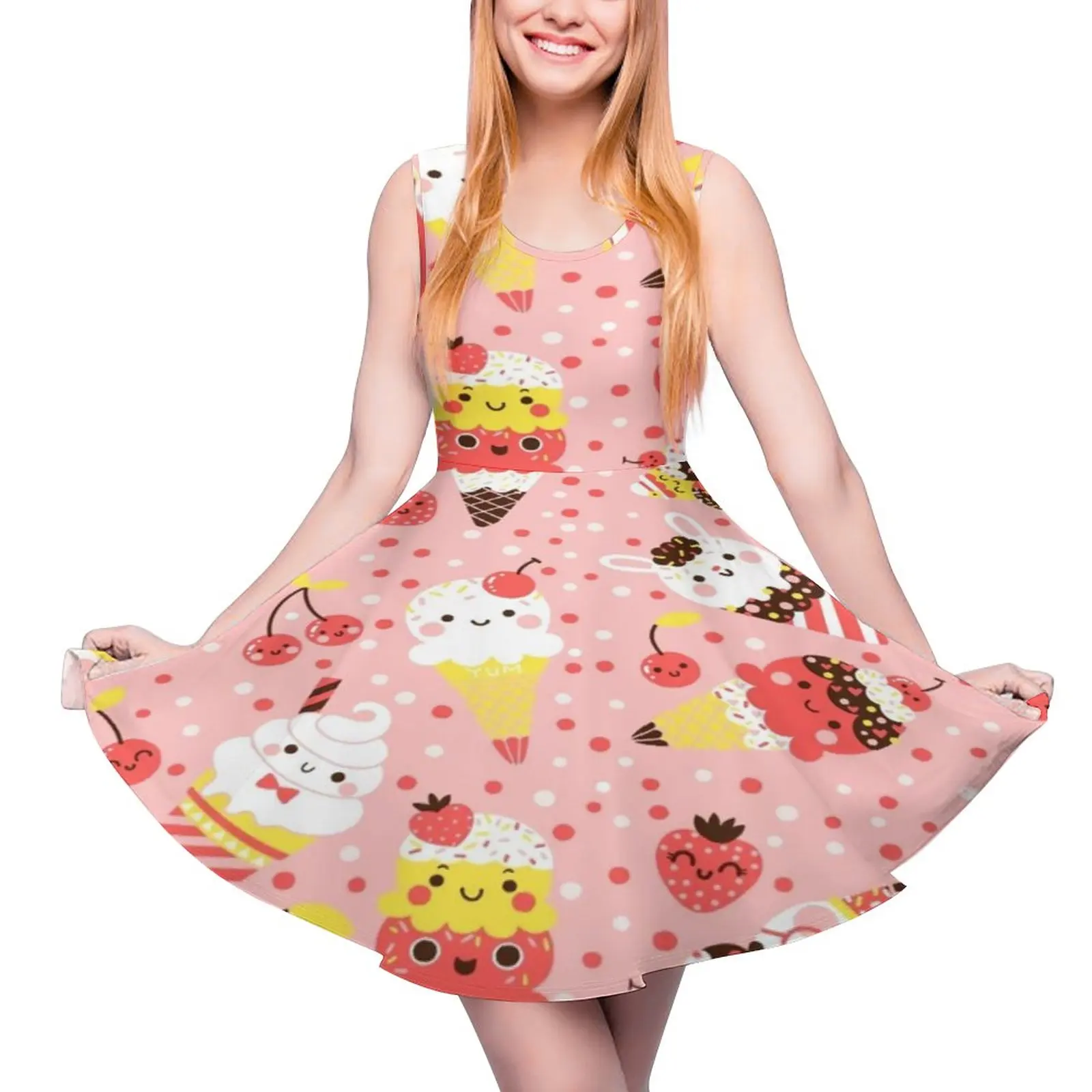 Cute Ice Cream Dress Cartoon Pattern Street Wear Dresses Female Trendy Skate Dress Summer Pattern Vestidos Big Size