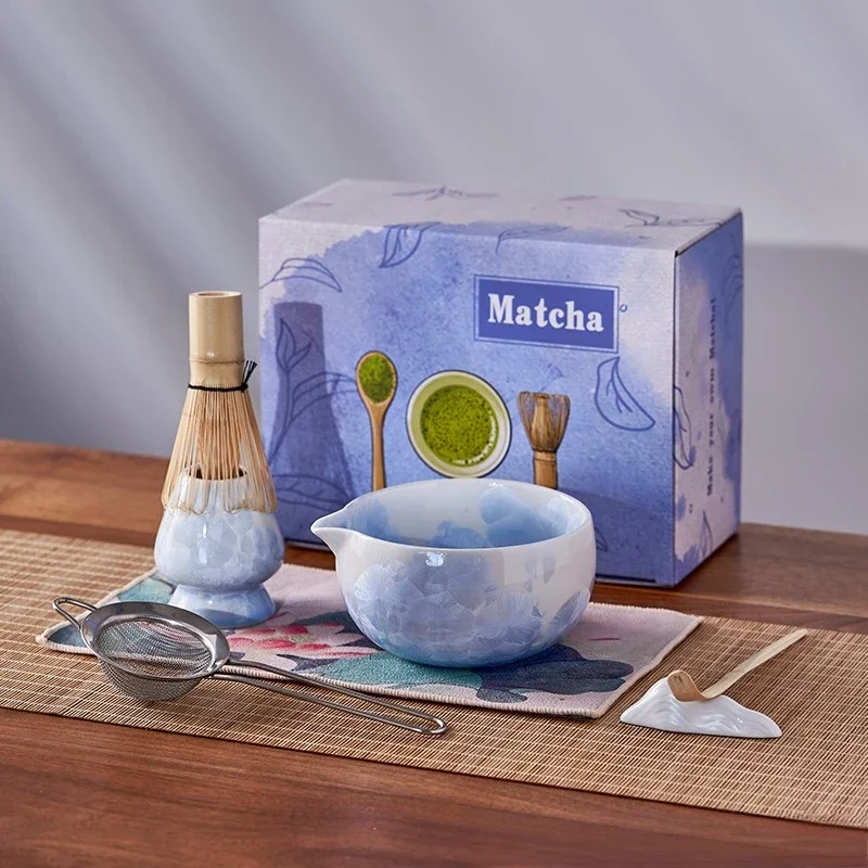 Matcha Set with Ice Crackle Glaze Ceramic Bowl, Kiln-Transformed Crystalline Pattern Complete Bamboo Whisk Kit for Matcha Making