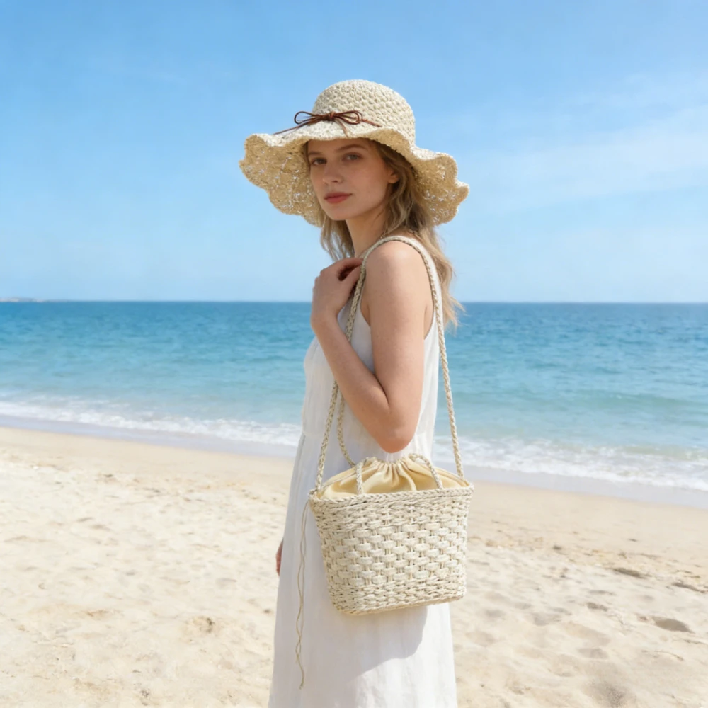 

New Grass Bags and Hat 2-piece Set for Women Bohemian Handmade Woven Water Bucket Bag Beach Hat Tourist Vacation Shoulder Bag