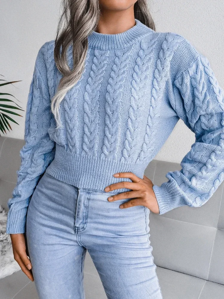 Autumn Winter 2024 New Fried Dough Twists Knitting Long Sleeve Pullovers Round Neck Waist Sexy Hot Girl Sweater Women's Tops