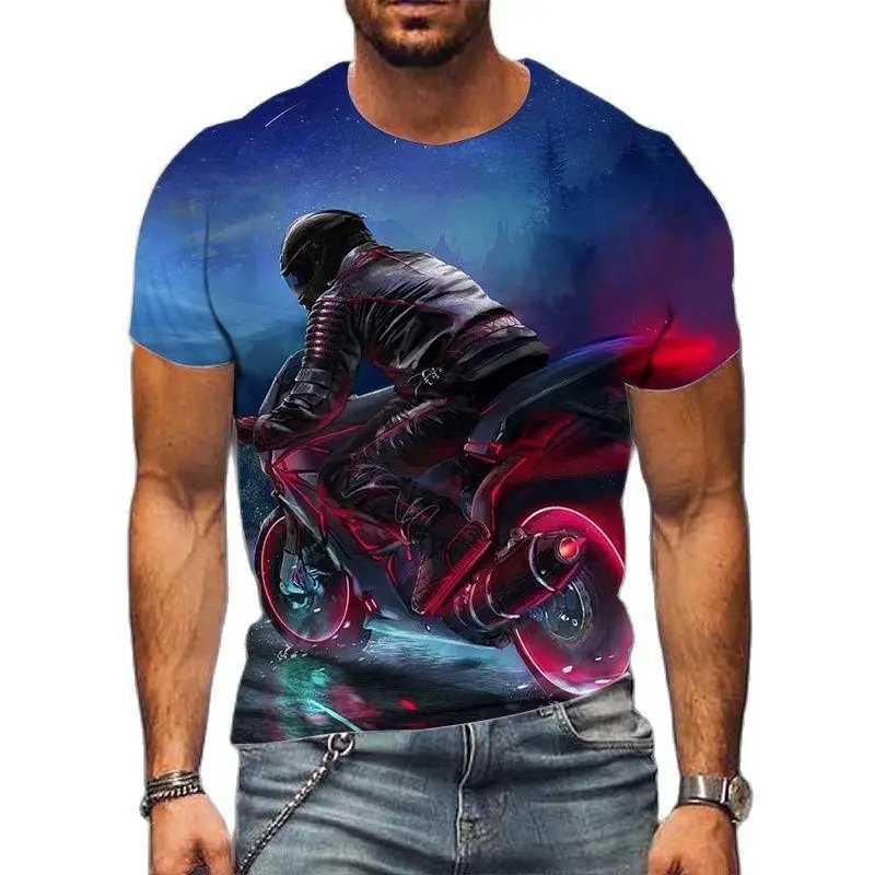 Stylish and cool 3D motorcycle graphic T-shirt, summer men's casual trendy hip-hop street casual personalized crew neck T-shirt