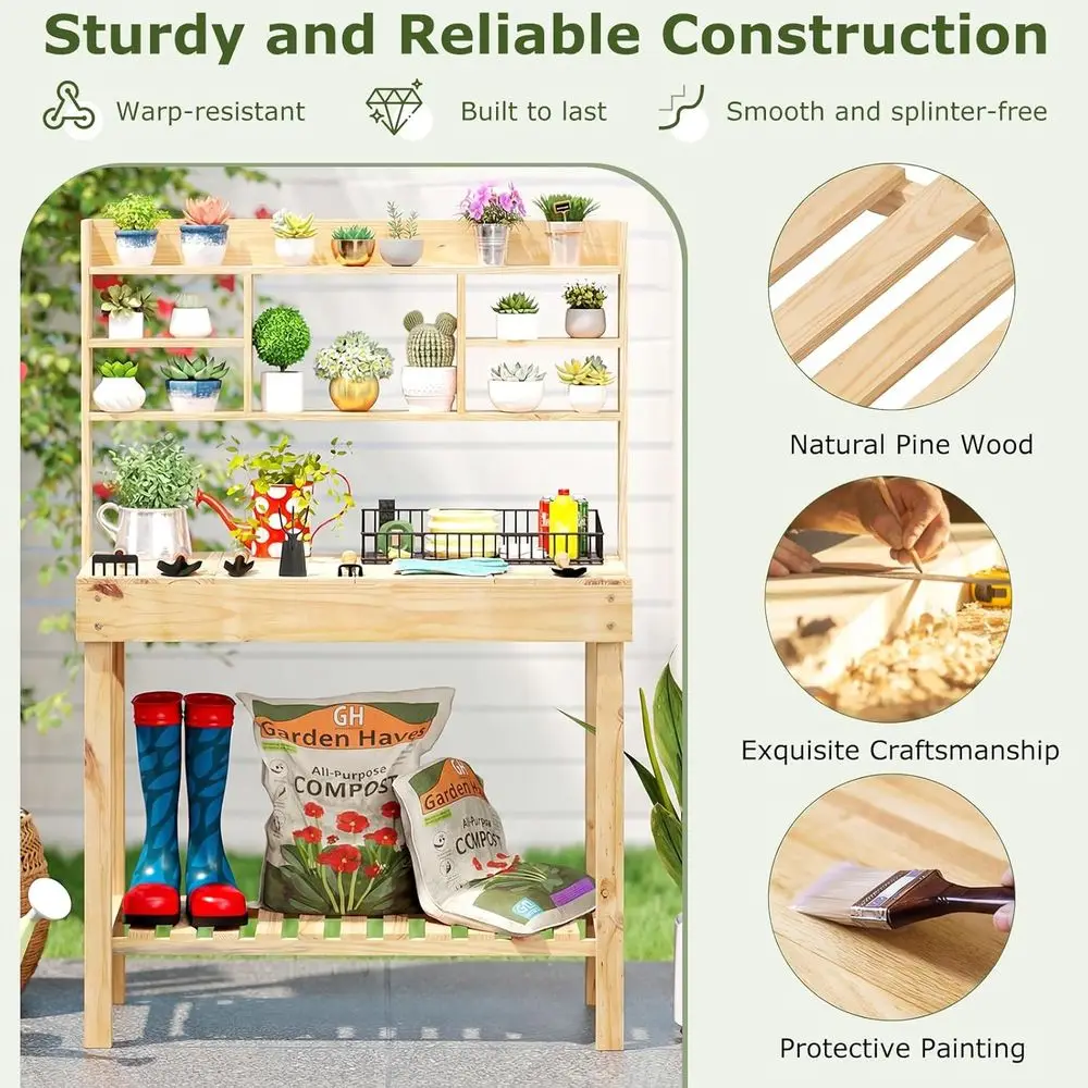 Potting Bench Table, 60” Wood Garden Work Bench Workstation with Storage, lip-Up Tabletop, Shelves & Hanging Hooks, Outdoor Gard