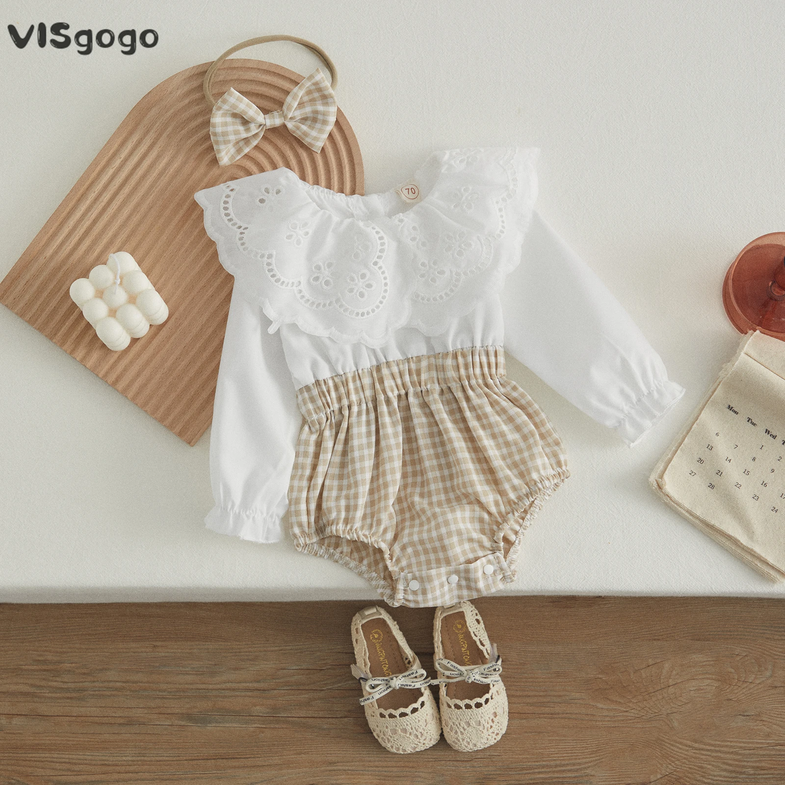 VISgogo Infant Baby Girl Romper Fall Outfits Long Sleeve Lapel Floral Lace Plaid Patchwork Rompers Headband 2pcs Cute Clothes