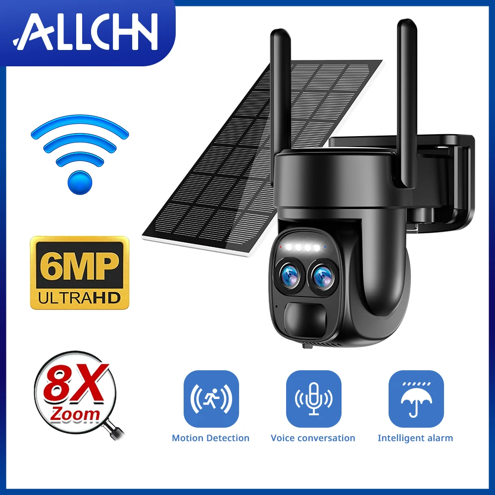 

ALLCHN WiFi Wireless Solar Camera PTZ Camera Smart IP Camera 6MP HD Built-in Battery Surveillance Security Protection