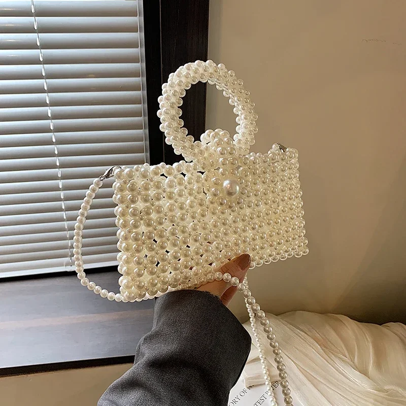 Simple Versatile Pearl Square Handbags Chains Beading Sense of Luxury Shoulder and Crossbody Bags for Women 2024 Fashion New