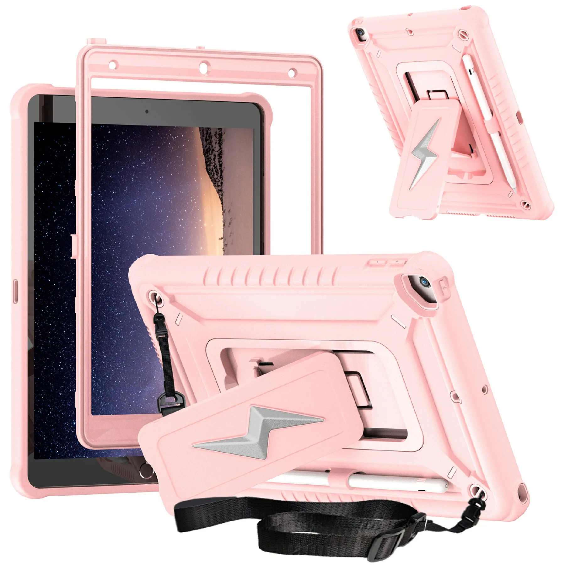 Tablet Case For iPad 10.2 (2021) / (2020) / (2019) / Pro 10.5-inch (2017) Kickstand PC + Silicone Cover with Shoulder Strap - Ro