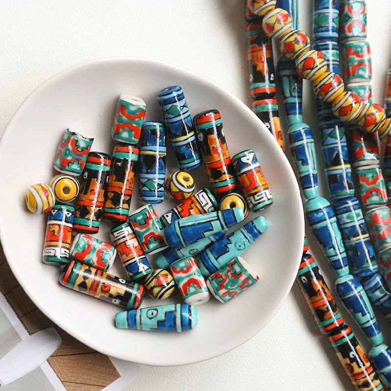 1pcs Retro Abstract Art Ceramic Beads Cylindrical Beaded Material Diy Handmade Jewelry Necklace Bracelet Accessories