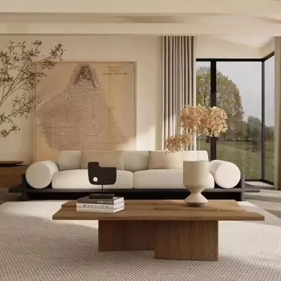 

Solid wood fabric sofa small apartment living room modern simple three-person straight sofa