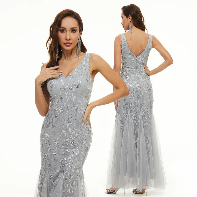 Embroidered sequin evening dress banquet light luxury banquet sexy sleeveless slim fit mesh fishtail dress bridesmaid dress