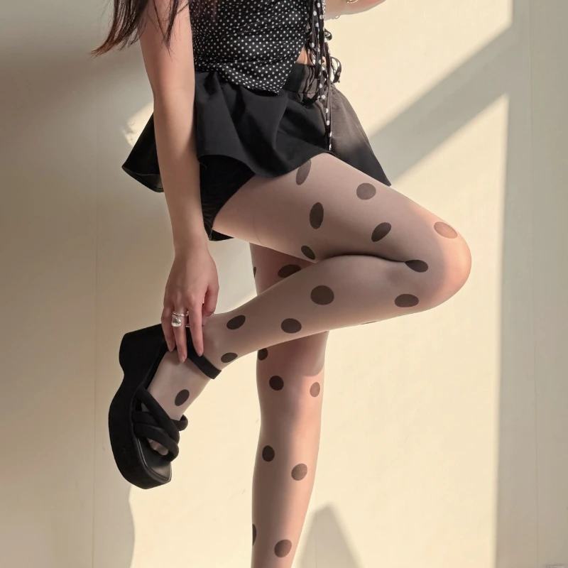 Retro Polka Dot Sheer Tights for Women High-Waisted Seamless Thin Pantyhose, Multicolor Transparent Stockings for Casual Cosplay view 3