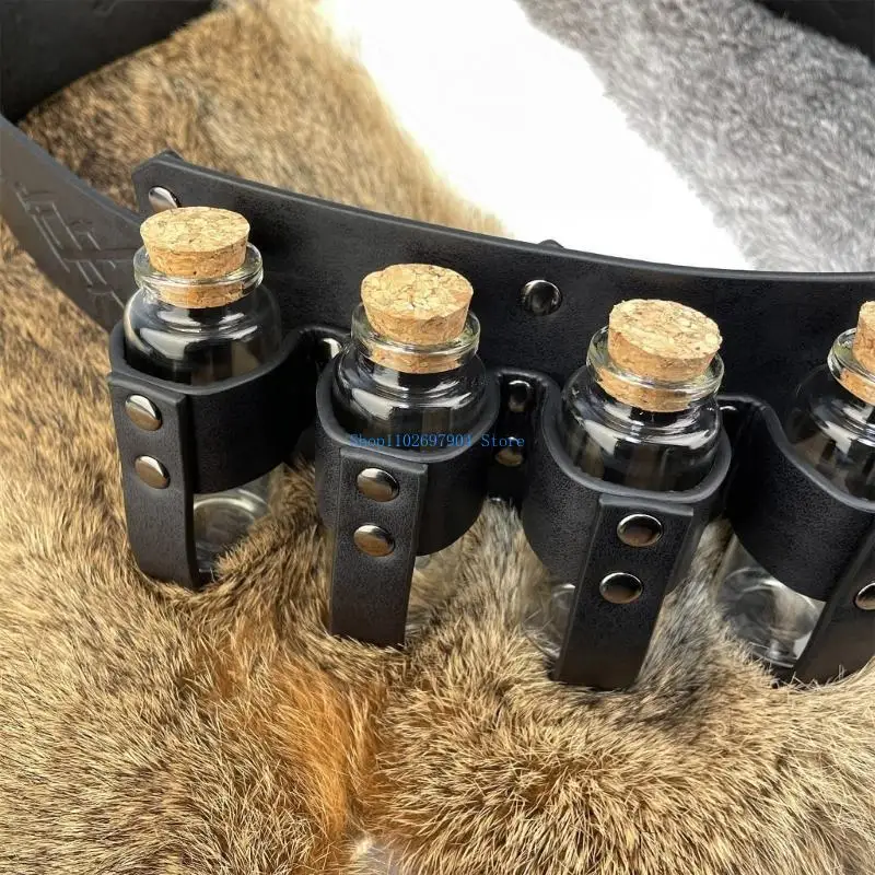 

N7YF Vintage PU Leather Belt with Alchemist Bottle Pockets Medieval Theme Party Alchemist Waistbelt with Embossing Pattern