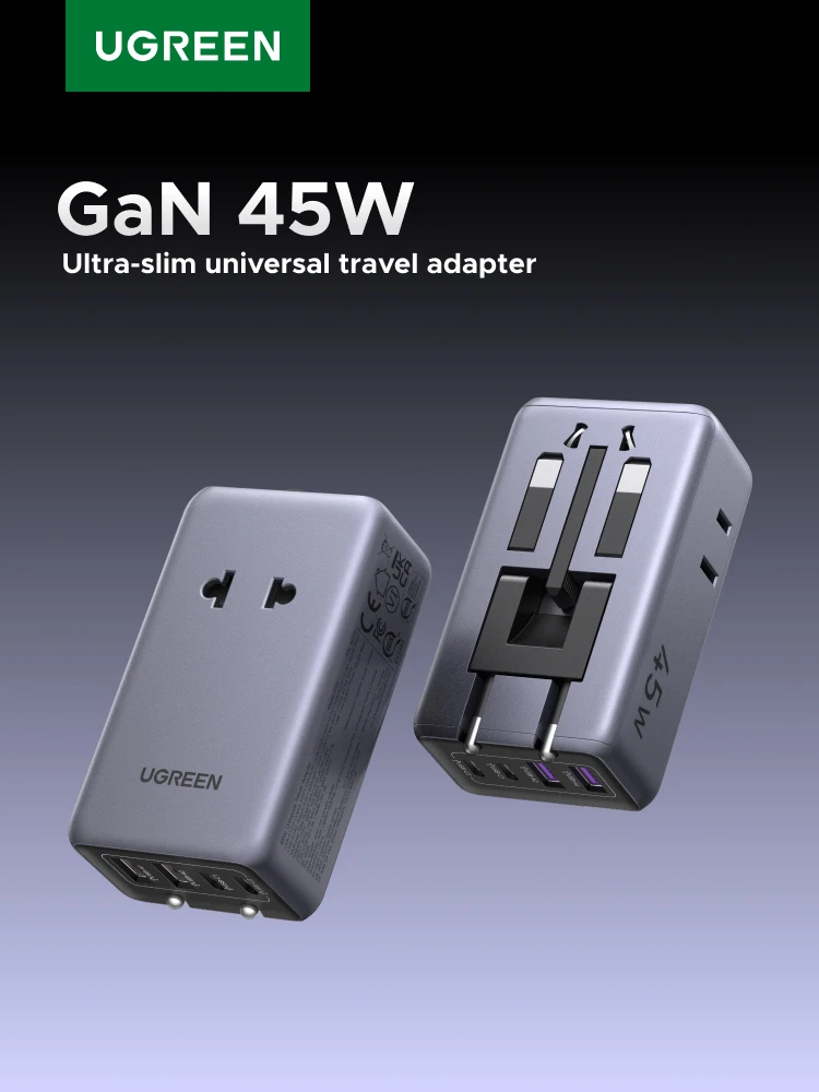 UGREEN GaN 45W Uniwersalny Adapter Podróżny na Cały Świat z 2 Portami Type-C i 2 Portami USB, Szybka Ładowarka, Gniazdo z Wtyczkami EU/US/UK/AU — zdjęcie produktu 7