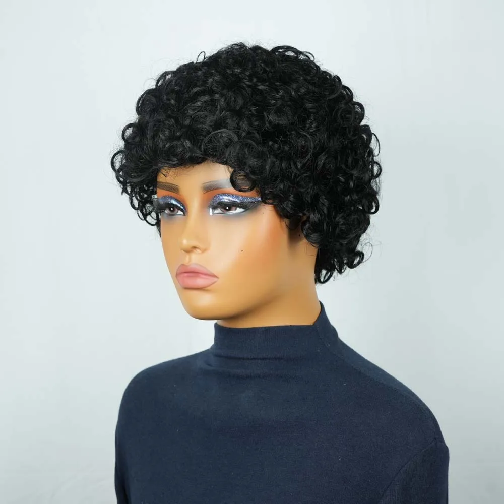 Krótkie kręcone peruki z ludzkich włosów dla czarnoskórych kobiet, kręcone peruki pixie cut z grzywką, peruki z włosów ludzkich Remy wykonane maszynowo do codziennego użytku.