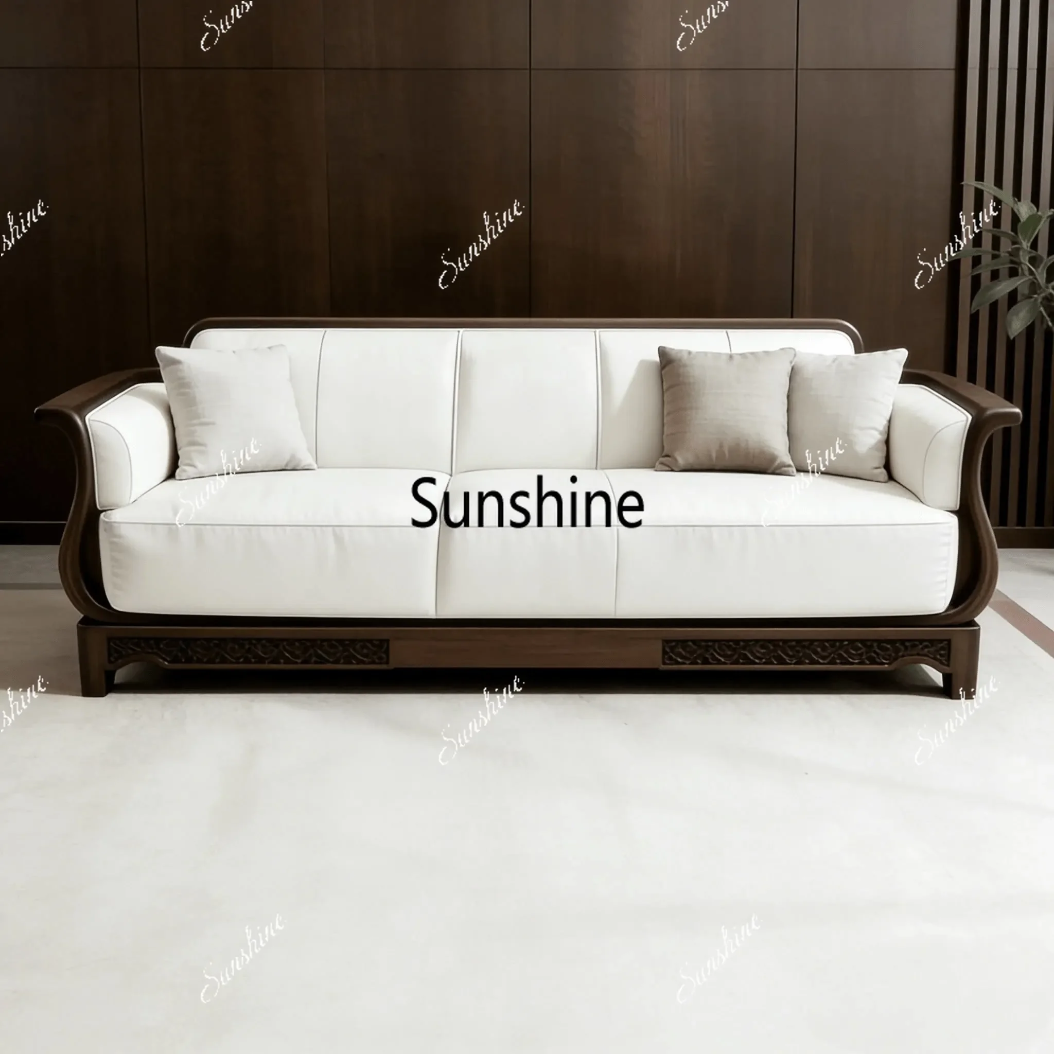 

New Chinese style, solid wood living room, medieval simple villa office hospitality straight row sofaY