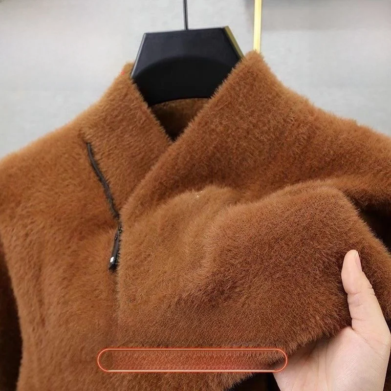 

High Quali Men's Winter Thiened Knitted Fur Sweater Zipper V-ne Casual Sle Warmth Comfortable Long Sve Top