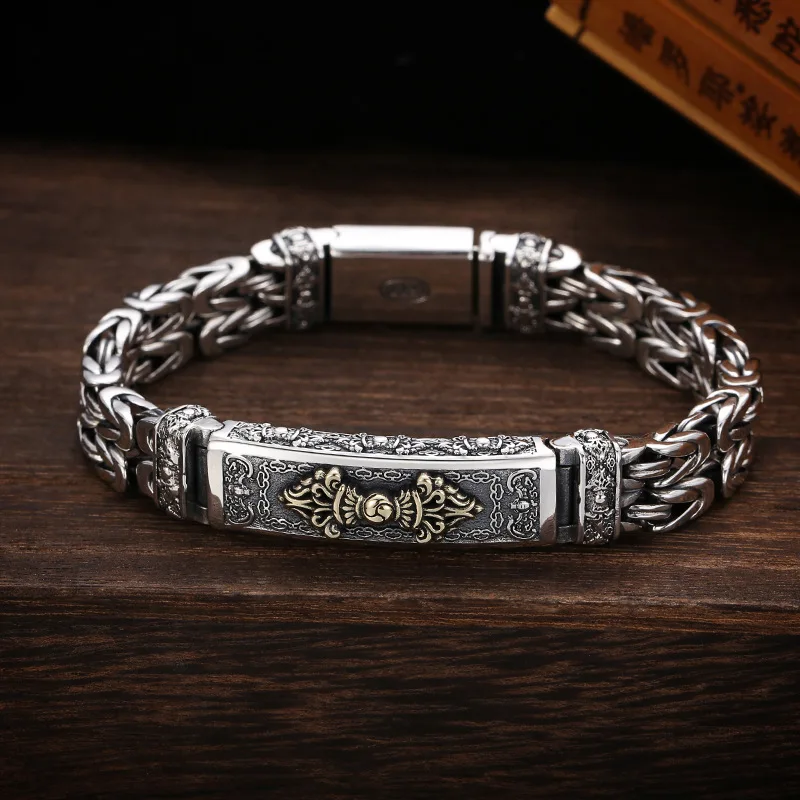 

S925 Sterling Silver Men's Bracelet Silver Tide Creative Personality Diamond Pestle Peace Pattern Bracelet Retro Ethnic Style Ha