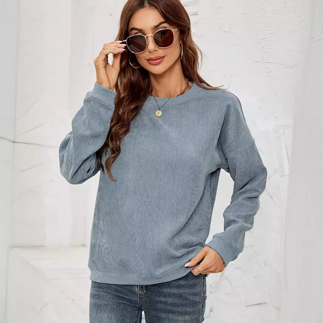 

Corduroy T-shirts Women's Solid Color Casual Crew Neck Loose Long Sleeve T-shirt Female New Simple Style Daily Wear Tops