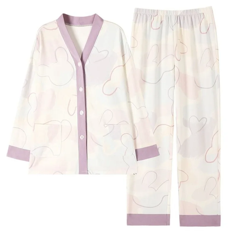2023 New Pure Cotton Pajama Women Spring Autumn Sweet Loungewear Cute Cardigan Girls Homewear Korean Casual V-neck Sleepwear Set