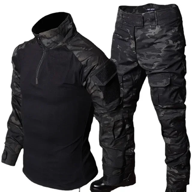 Zwarte Camo Trainingssets 1/4 Rits Combat Tops Tactische Pakken Wandelbroeken Heren Duurzame Shirts Meerdere Zakken Slijtvast