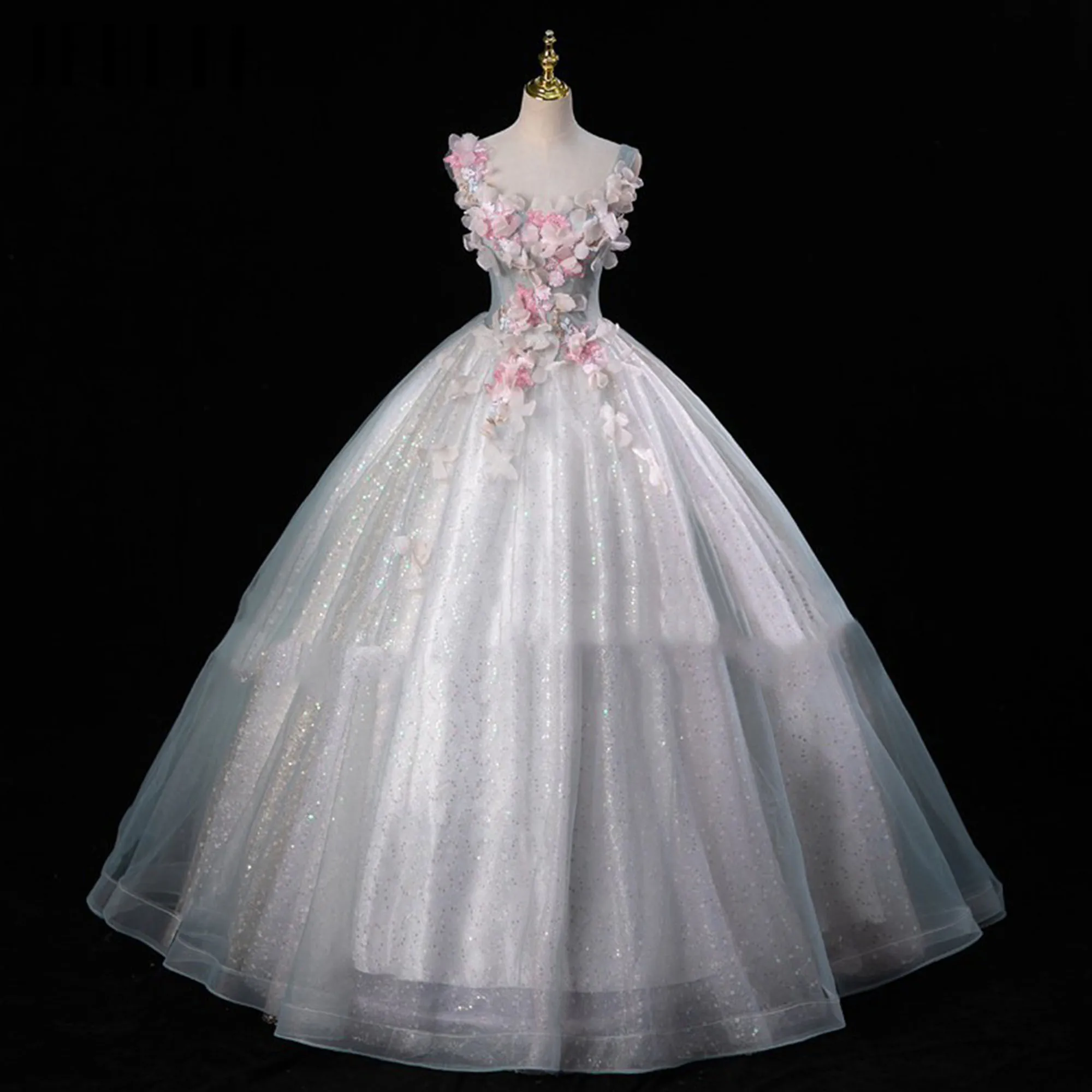 Vestido de Quinceañera con Lentejuelas y Flores 3D, Vestido de Gala sin Mangas Brillante, Personalizado, Elegante, con Apliques, Vestidos de 15 Años Vestido de quinceañera con flores en 3D y lentejuelas, vestido de gal