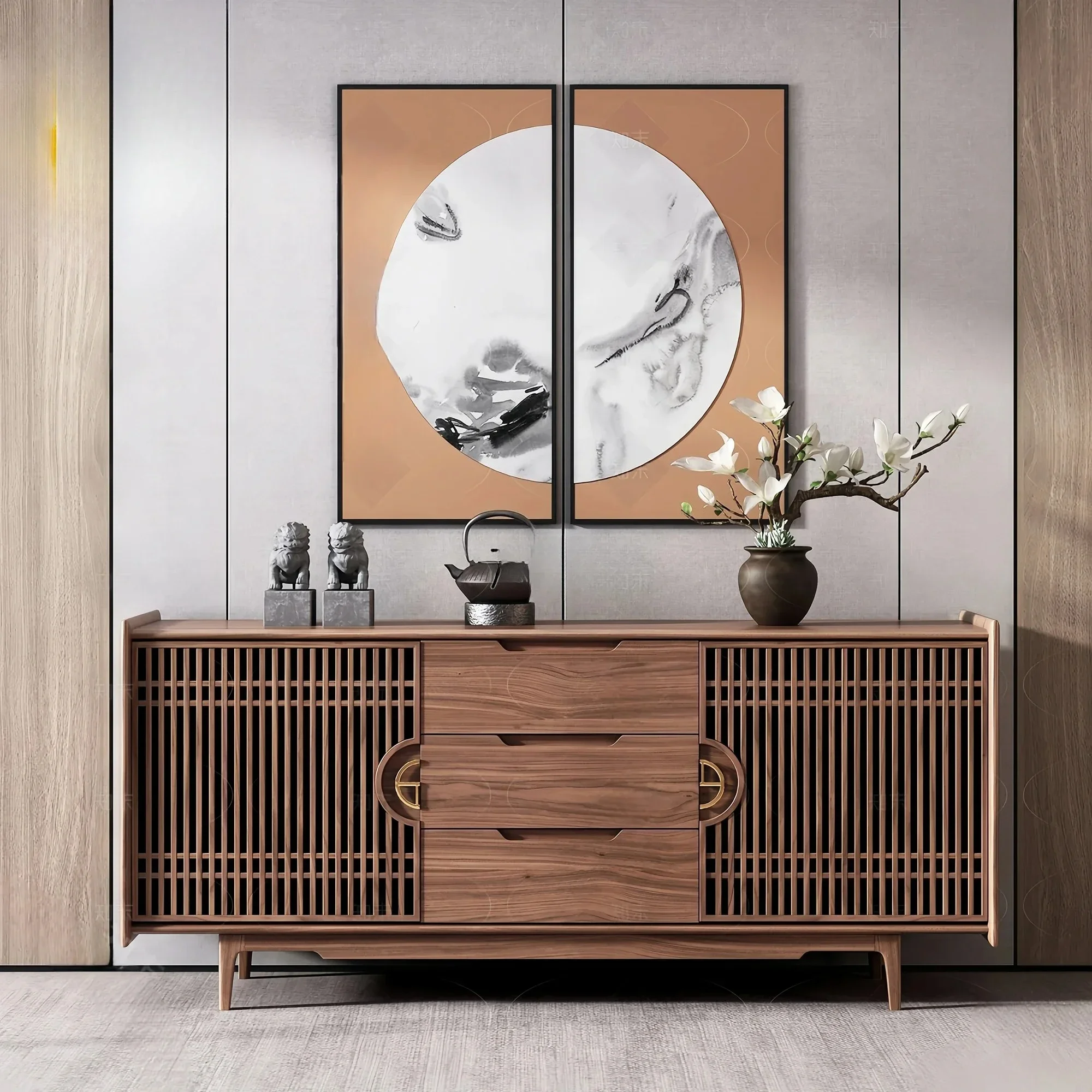 

yh New Chinese side cabinet ash wood solid wood, against the wall, dining room, storage, decorative cabinet