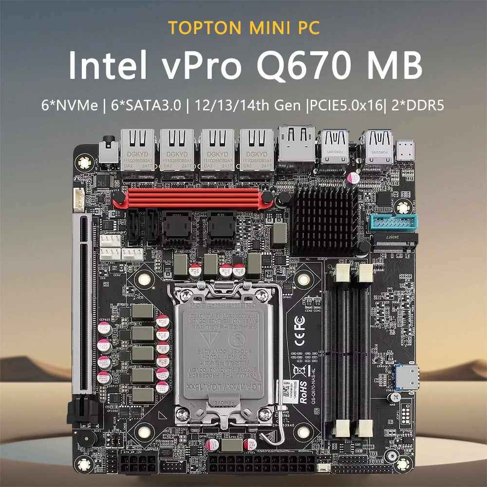 Placa-mãe Intel VPro Q670 NAS, adequado para 12, 13, 2nd Gen, CPU LGA1700, 6 * NVMe, 6 * SATA3.0, 2 * DDR5, 4X porta de rede Intel 2.5G ITX