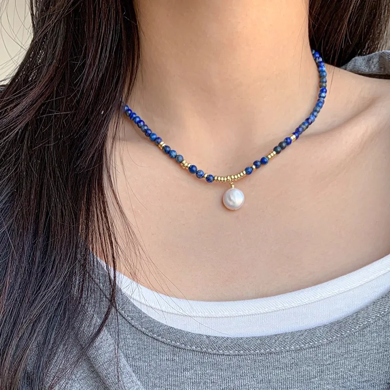 100% Natürliche Barocke Knopf-Süßwasserperlen & Lapislazuli-Perlen, 14K Vergoldete Damen-Anhänger-Halskette, Verblasst Nicht, Geschenk – Detail 5