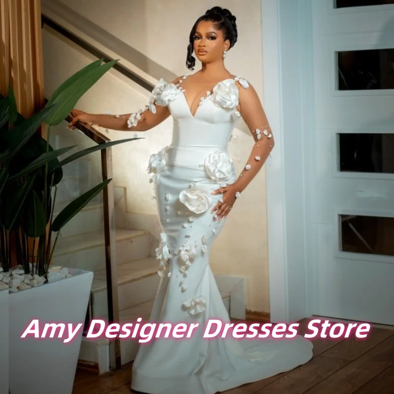 

Luxury Peals Handmade Flowers Mermaid Long Illusion Sleeves Wedding Dresses For Women Bride Gowns Vestidos De Novia Customized