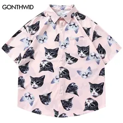 Funny Pink Hawaiian Shirts Cat Graphic Print Short Sleeve Button Up Oversize Blouse Hip Hop 2024 Men Harajuku Summer Beach Tops