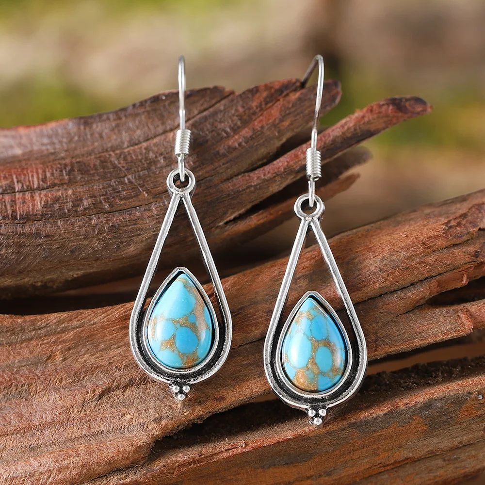 DIY accessories Amazon hot-selling hollow geometric water drop turquoise pendant earrings, bohemian niche versatile ear jewelry