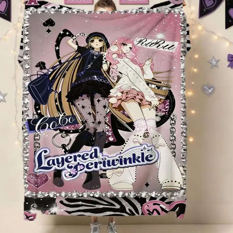 VIKAMA Anime Girl Throw Blanket with Pink Black Magazine Collage Art Print Cozy Cartoon Couch Blanket Gift for Manga Lovers