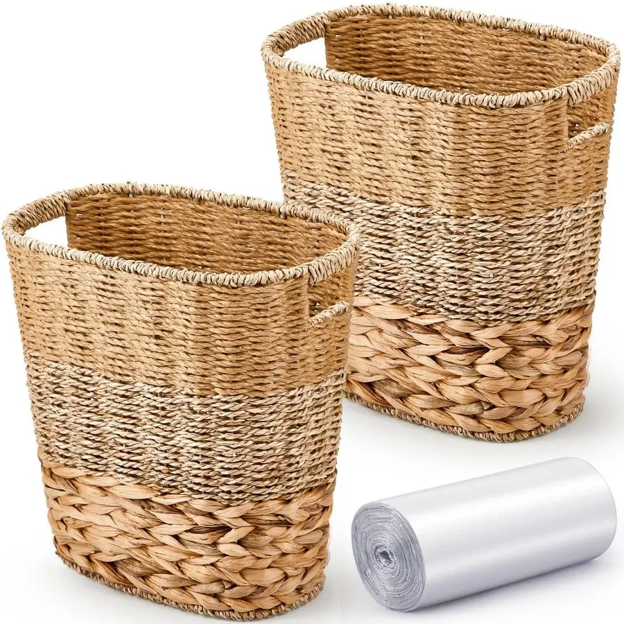 

Pcs Wicker Trash Can with 50 Small Trash Bag Wicker Waste Woven Basket with Handles Clear Multi Use Garbage Bags for Bathroom Ki