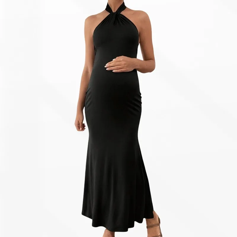 maternity-clothing-fashion-skirts-backless-halter-neck-maxi-dress-solid-color-casual-dresses-summer-pregnant-woman