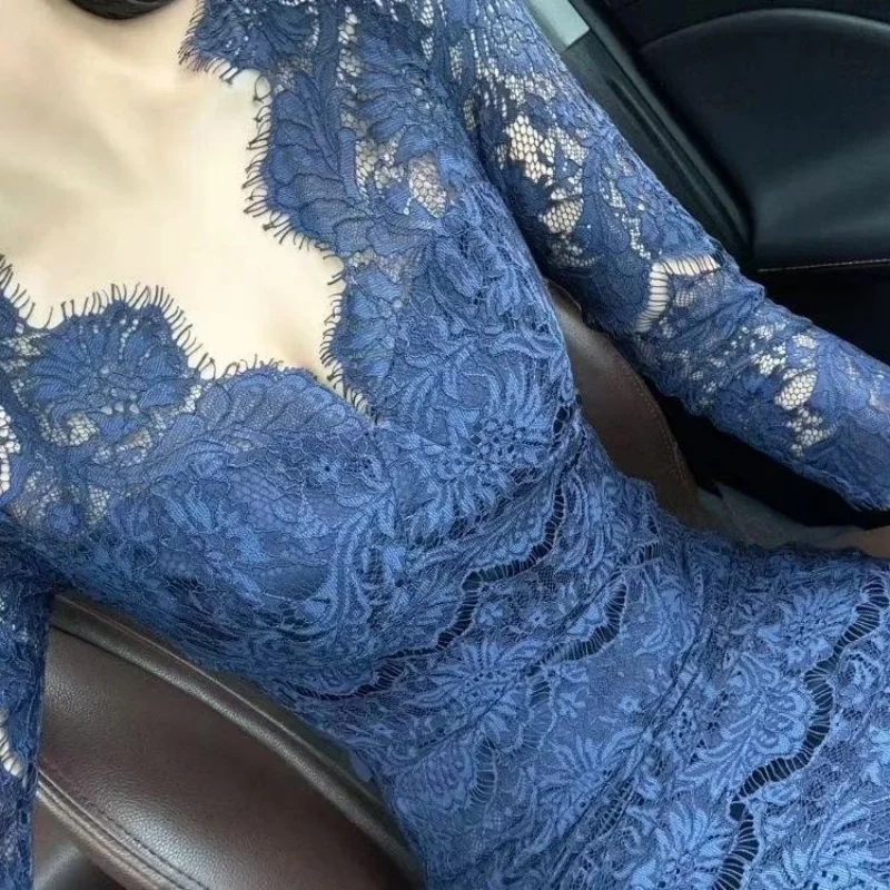 

French High End Blue Lace Dress Women Spring New Temperament V-Neck Long Sleeve Slim Long Dress Luxury Beautiful Party Dress