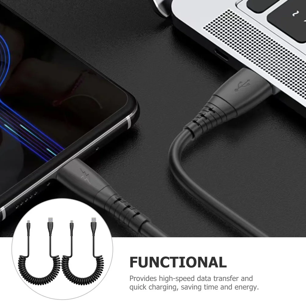 

2 Pcs Charging Cable Usb-c Cord Fast Charge Silicone Spring Data Black Spiral