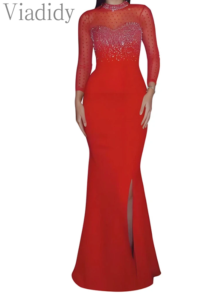 

Women Long Sleeve Turtleneck Mesh Rhinestone Floor Length Mermaid Party Dress