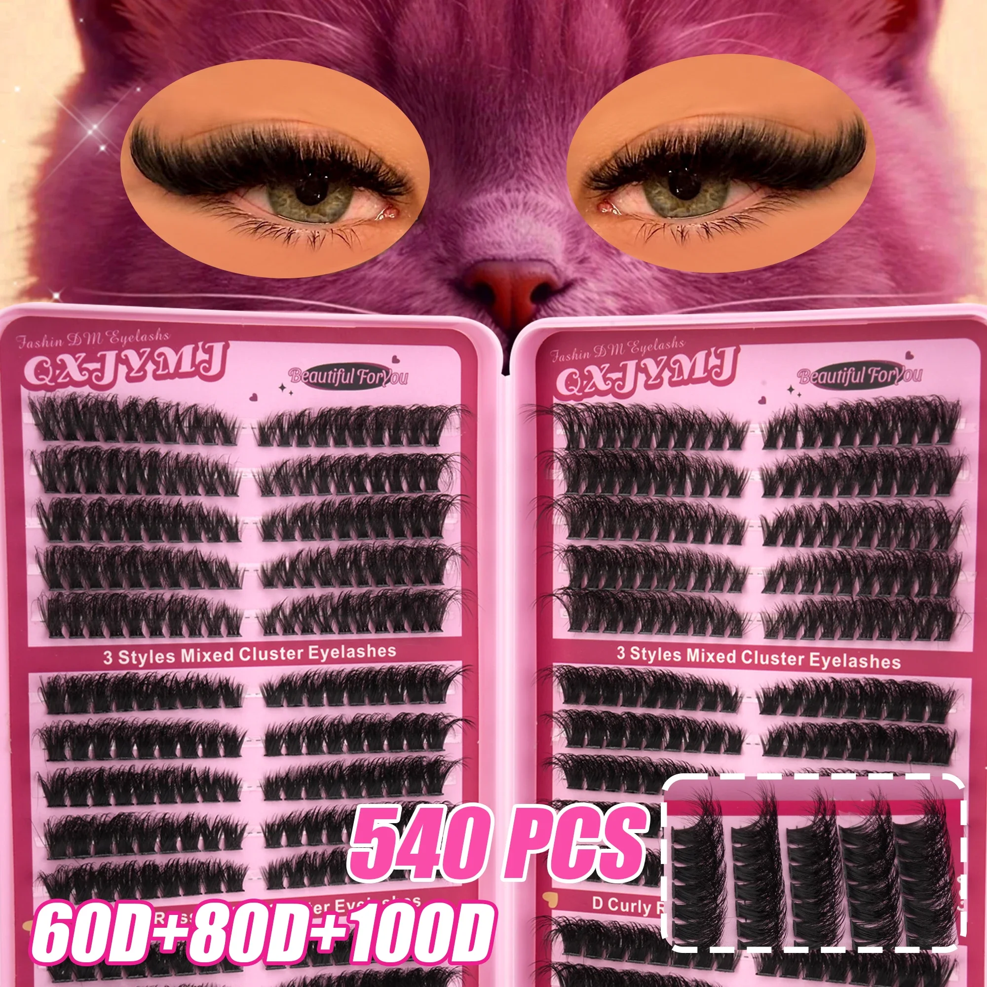 540 Pcs Russian Cluster False Eyelashes D Curl 60D 80D 100D Mixed Length 3 Styles Fluffy DIY Eyelash Extensions for Eye Makeup