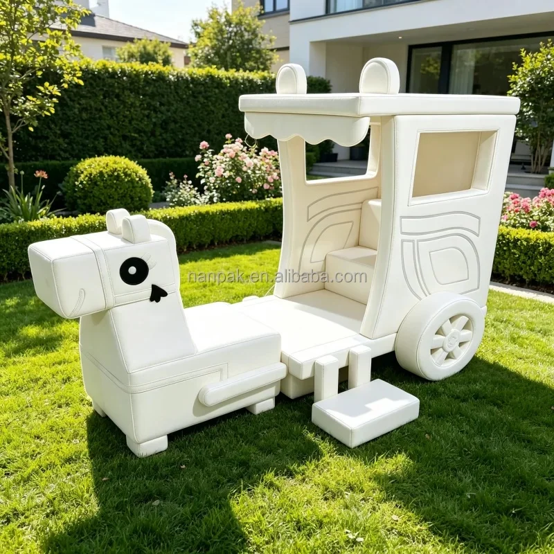 Charming White Soft Play Carriage Toddler Ride-On Carriage Toy Role Play Indoor Playground Equipment for Play Cafe Daycare Party