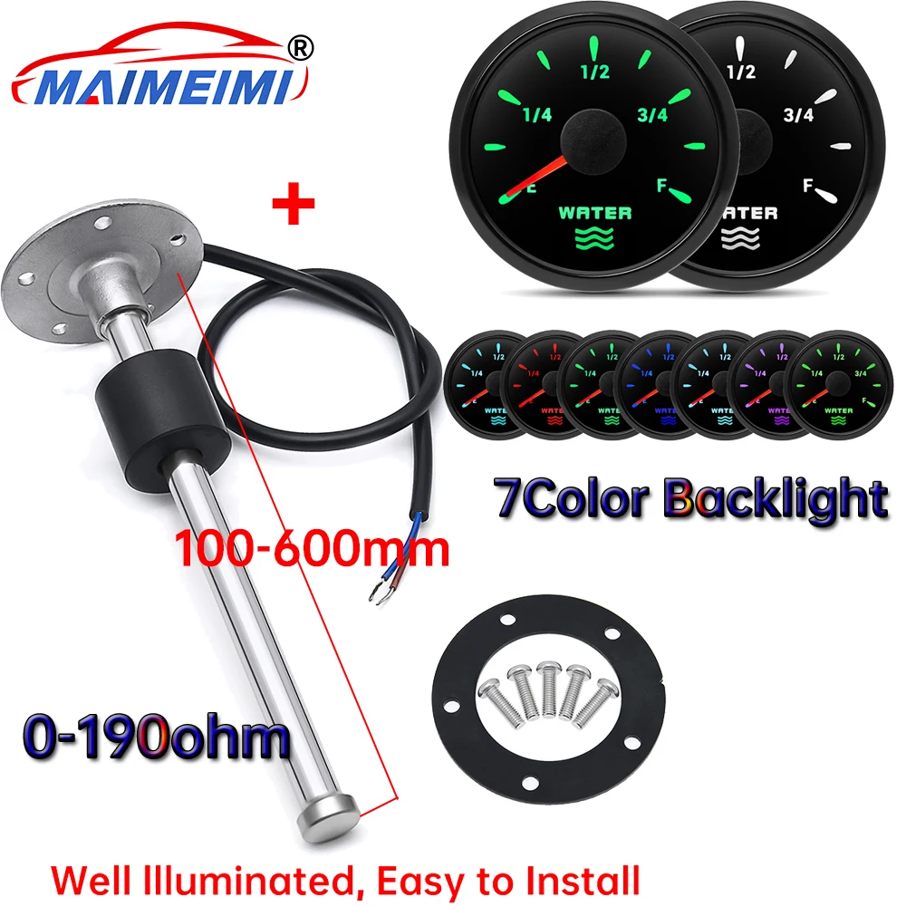 

52mm 0-190ohm Water Level Gauge 7 Color Backlight and 100mm-600mm Water Level Indicator waterproof for Car Boat Marine 12V 24V