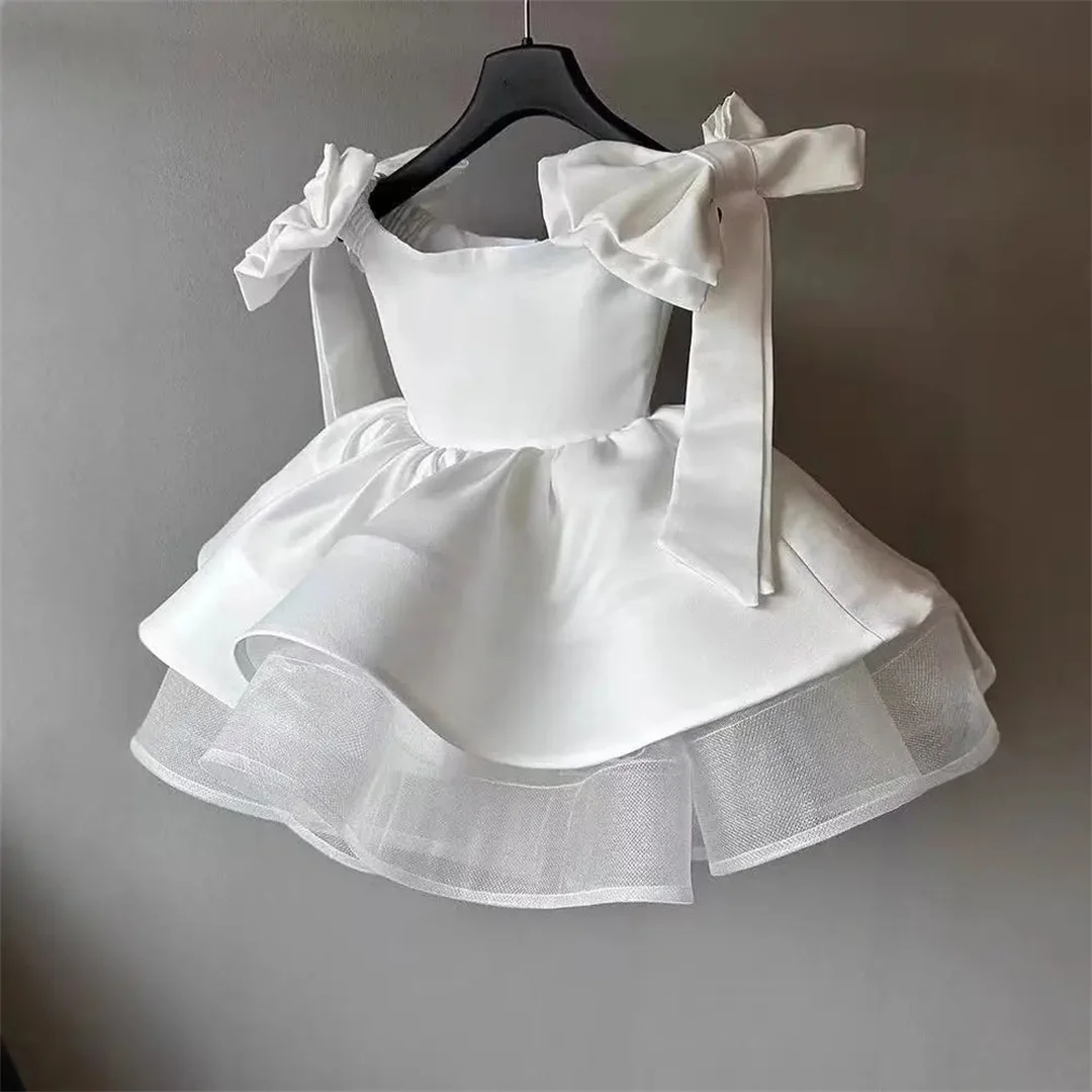 Wedding Birthday Wedding Party Dresses for Kids Bow Simple Flower Girl Dresses Birthday Long Dress Floor Length First Communion