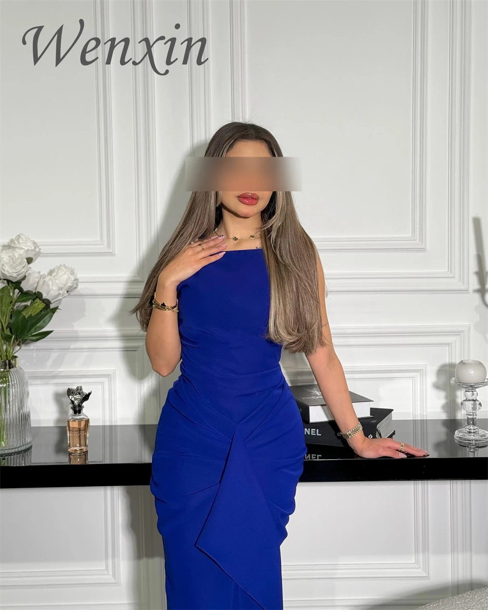 Robe de soirée en Jersey bleu personnalisée de haute qualité, sans manches, avec tempérament, robes de soirée pour occasions spéciales