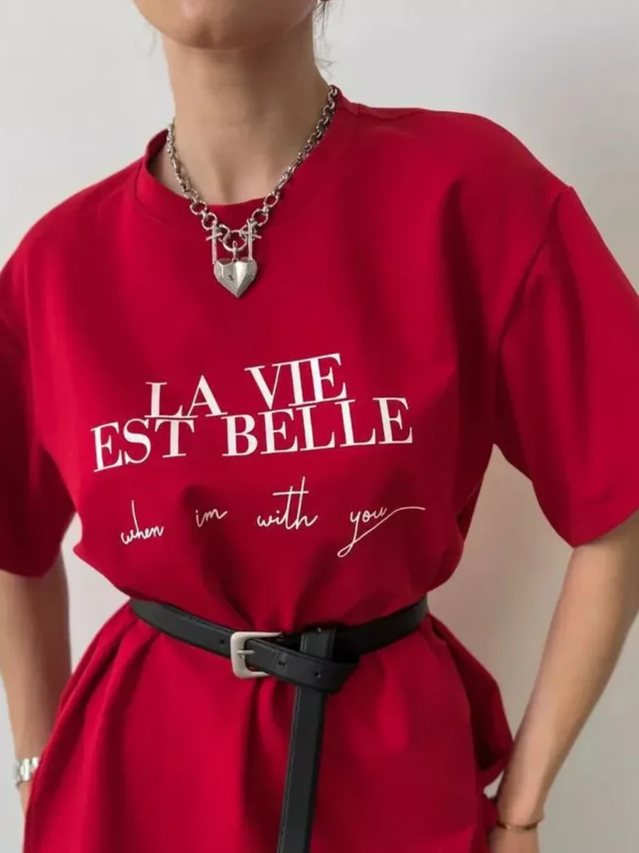 Camiseta americana de longitud media con estampado, moda coreana de verano, letras de personalidad urbana, camiseta versátil de algodón de manga corta para mujer