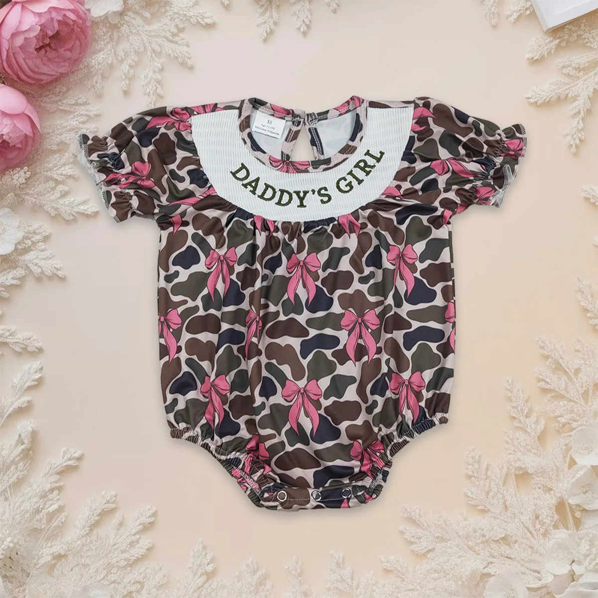 

Новый комбинезон-ромпер для новорожденных девочек с вышивкой и камуфляжным принтом, милый детский комбинезон с рюшами, оптовая продажа детской одежды для малышей