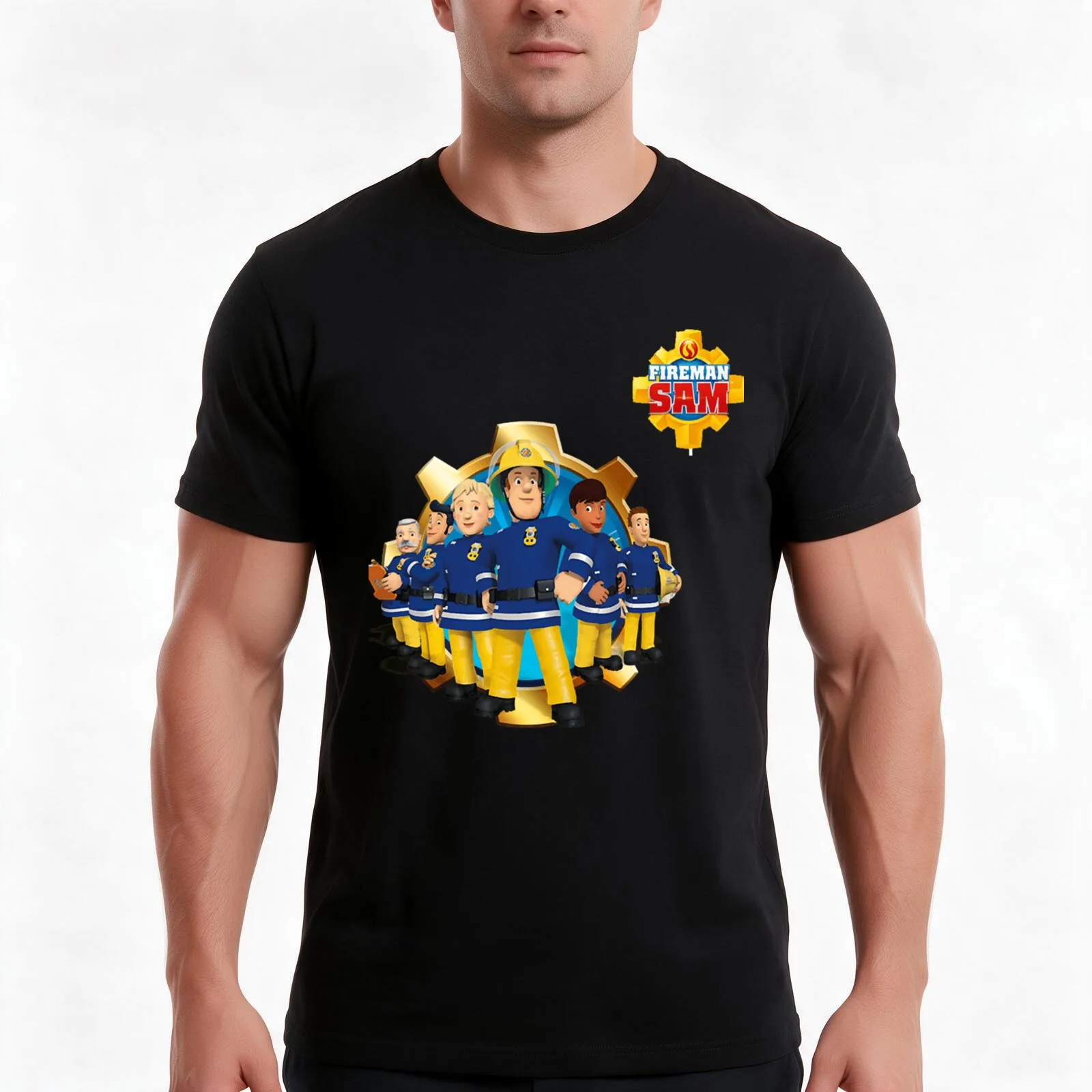 Fireman Sam T-Shirt, Summer Casual Cotton Tee, Oversized Streetwear Tops, Vintage Graphic Print, Loose Fit Short Sleeve